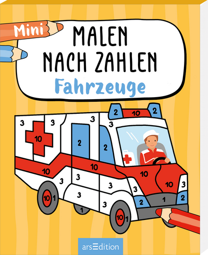 Auf dem Buchcover „Malen nach Zahlen – Fahrzeuge“ sind bunte, spielerische Illustrationen zu sehen. Ein Krankenwagen mit einer großen 10 sowie verschiedenen Zahlen auf seinem Korpus ist zentral abgebildet. Im Hintergrund ziehen sich gelbe Streifen, die dem Cover eine fröhliche Atmosphäre verleihen. Über der Illustration steht in großem, schwarzem Schriftzug der Titel und darunter in hellblauer Schrift der Untertitel. Ganz oben befinden sich bunte Buntstifte. Ganz unten mittig steht...