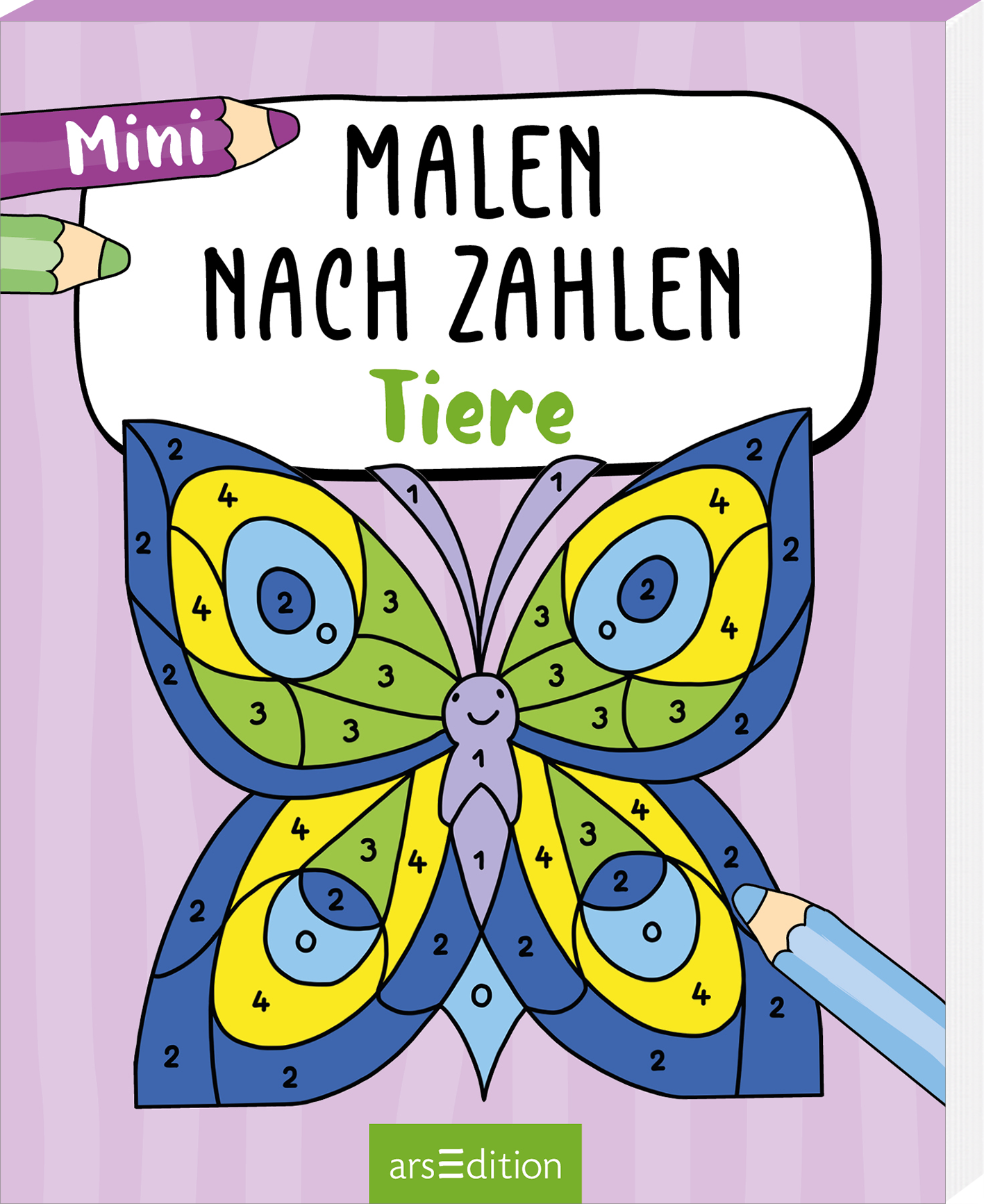 Das Cover zeigt eine bunte, stilisierte Schmetterlingszeichnung, die zum Zahlenmalen einlädt. Die Flügel des Schmetterlings sind in lebendigen Farben wie Blau, Gelb und Grün gestaltet, und die einzelnen Bereiche sind mit Zahlen gekennzeichnet. Der Titel „Mini Malen nach Zahlen Tiere“ steht in großen, schwarzen Buchstaben oben auf dem Cover. Oben links sind zwei Buntstifte abgebildet, die Teil des Designs sind. Ganz unten mittig steht der Logoschriftzug von arsEdition.