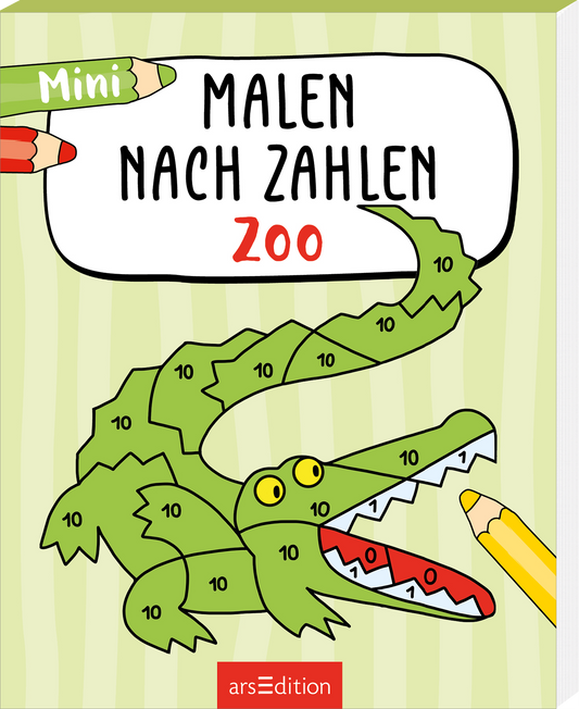 Das Buchcover zeigt einen farbenfrohen und spielerischen Illustrationsstil. Im Mittelpunkt steht ein grüner Krokodil, das mit Zahlen gekennzeichnet ist. Die Hauptüberschrift „MALEN NACH ZAHLEN“ ist in großen, schwarzen Buchstaben platziert. Über der Überschrift steht das Wort „Mini“ in weißen Buchstaben. Der Hintergrund ist hellgrün mit feinen Streifen. Links oben sind zwei Buntstifte abgebildet. Ein roter Stift ist für den Mund des Krokodils eingezeichnet. Ganz unten mittig...