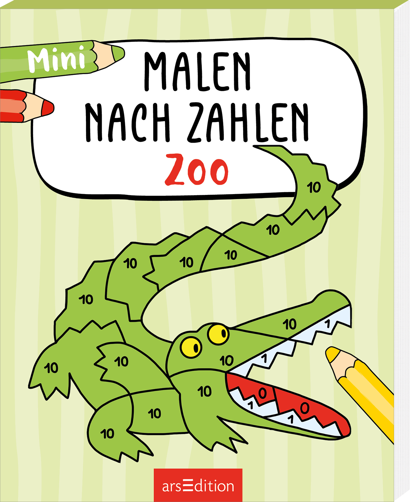 Das Buchcover zeigt einen farbenfrohen und spielerischen Illustrationsstil. Im Mittelpunkt steht ein grüner Krokodil, das mit Zahlen gekennzeichnet ist. Die Hauptüberschrift „MALEN NACH ZAHLEN“ ist in großen, schwarzen Buchstaben platziert. Über der Überschrift steht das Wort „Mini“ in weißen Buchstaben. Der Hintergrund ist hellgrün mit feinen Streifen. Links oben sind zwei Buntstifte abgebildet. Ein roter Stift ist für den Mund des Krokodils eingezeichnet. Ganz unten mittig...