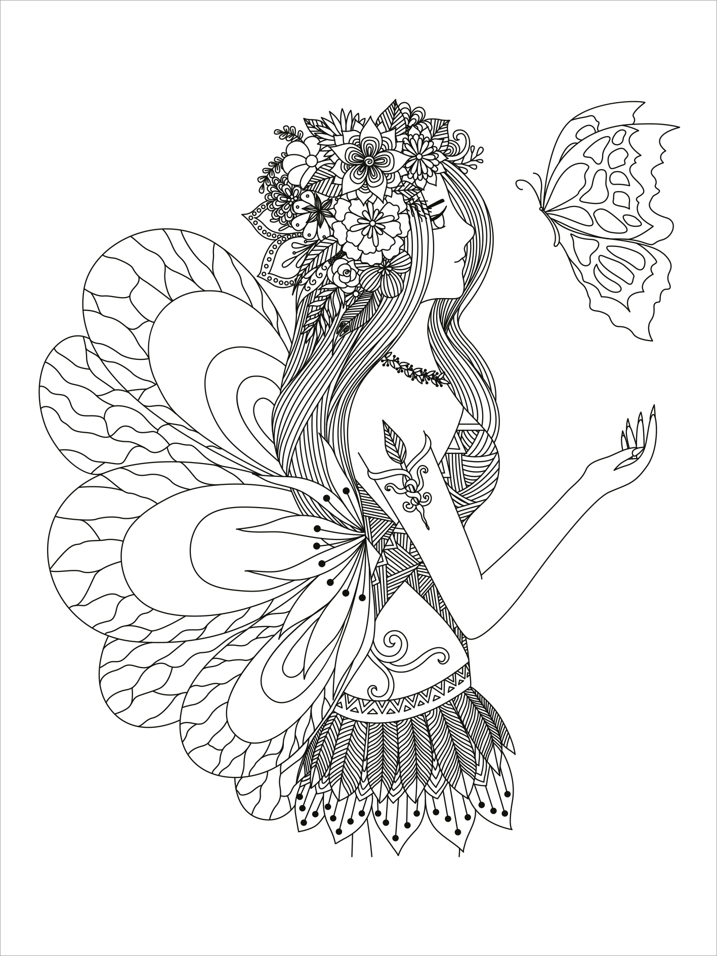 Gezeigt wird eine Innen- oder Zusatzansicht von „Mein Mandala-Tier-Malbuch – Magische Zaubertiere“. Die Illustration zeigt eine elegant gezeichnete Fee mit großen, detailreichen Flügeln und floralen Akzenten im Haar. Sie hält einen Schmetterling sanft in der Hand. Die klare, schwarz-weiße Linienführung bietet Raum für kreative Farbgestaltung. Die verspielte Typografie des Titels ist verspielt und fantasievoll, was den magischen Charakter des Werkes unterstreicht.