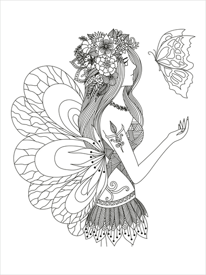 Gezeigt wird eine Innen- oder Zusatzansicht von „Mein Mandala-Tier-Malbuch – Magische Zaubertiere“. Die Illustration zeigt eine elegant gezeichnete Fee mit großen, detailreichen Flügeln und floralen Akzenten im Haar. Sie hält einen Schmetterling sanft in der Hand. Die klare, schwarz-weiße Linienführung bietet Raum für kreative Farbgestaltung. Die verspielte Typografie des Titels ist verspielt und fantasievoll, was den magischen Charakter des Werkes unterstreicht.