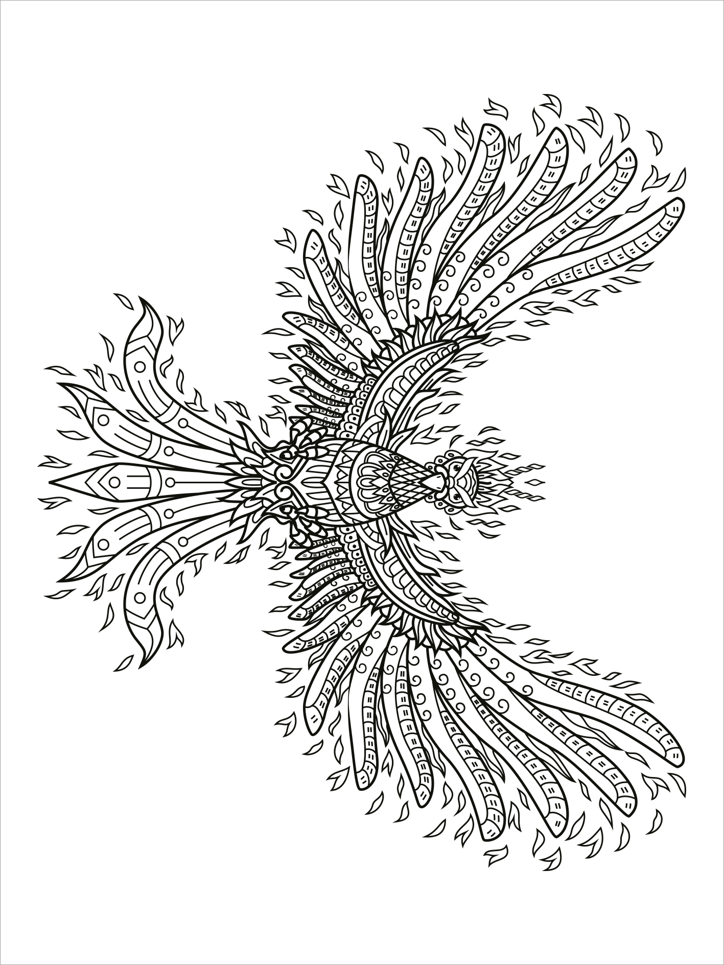 Gezeigt wird eine Innen- oder Zusatzansicht von „Mein Mandala-Tier-Malbuch – Magische Zaubertiere“. Die Abbildung zeigt ein detailliertes schwarz-weißes Mandala eines majestätischen Vogelmotivs, umgeben von stilisierten Blatt- und Blütenformen. Die Linien sind gleichmäßig und kunstvoll gestaltet, was zur Meditations- und Entspannungsatmosphäre beiträgt. Die Typografie des Titels könnte verspielt und kindgerecht erscheinen, passend zur Zielgruppe des Malbuchs.