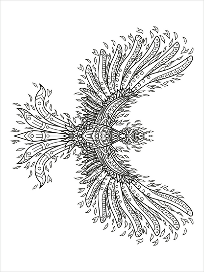 Gezeigt wird eine Innen- oder Zusatzansicht von „Mein Mandala-Tier-Malbuch – Magische Zaubertiere“. Die Abbildung zeigt ein detailliertes schwarz-weißes Mandala eines majestätischen Vogelmotivs, umgeben von stilisierten Blatt- und Blütenformen. Die Linien sind gleichmäßig und kunstvoll gestaltet, was zur Meditations- und Entspannungsatmosphäre beiträgt. Die Typografie des Titels könnte verspielt und kindgerecht erscheinen, passend zur Zielgruppe des Malbuchs.