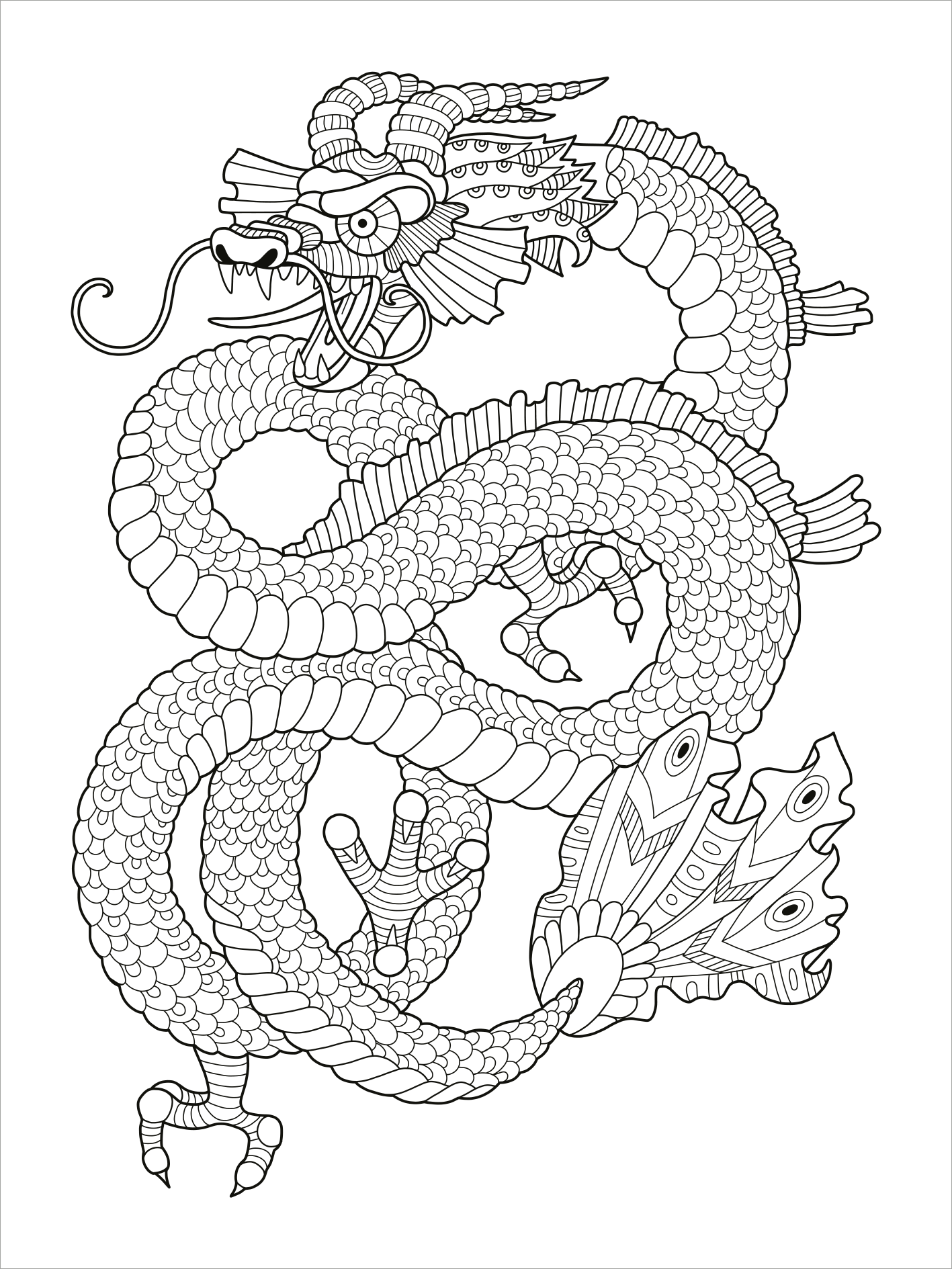 Gezeigt wird eine Innen- oder Zusatzansicht von „Mein Mandala-Tier-Malbuch – Magische Zaubertiere“. Die Abbildung zeigt einen detaillierten, umschlungenen Drachen, der mit feinen Linien und Mustern illustriert ist. Sein Körper ist mit schuppenartigen Strukturen ausgestattet, während er große, fächerartige Flossen an den Seiten trägt. Die Komposition ist in Schwarz-Weiß gehalten, wodurch die kunstvollen Details hervorstechen. Die Schriftart ist verspielt und betont die Fantasie des...