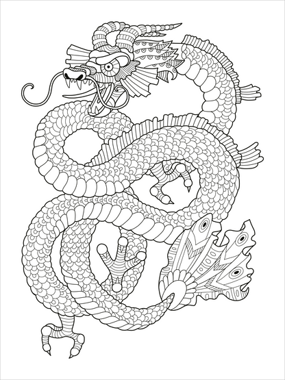 Gezeigt wird eine Innen- oder Zusatzansicht von „Mein Mandala-Tier-Malbuch – Magische Zaubertiere“. Die Abbildung zeigt einen detaillierten, umschlungenen Drachen, der mit feinen Linien und Mustern illustriert ist. Sein Körper ist mit schuppenartigen Strukturen ausgestattet, während er große, fächerartige Flossen an den Seiten trägt. Die Komposition ist in Schwarz-Weiß gehalten, wodurch die kunstvollen Details hervorstechen. Die Schriftart ist verspielt und betont die Fantasie des...