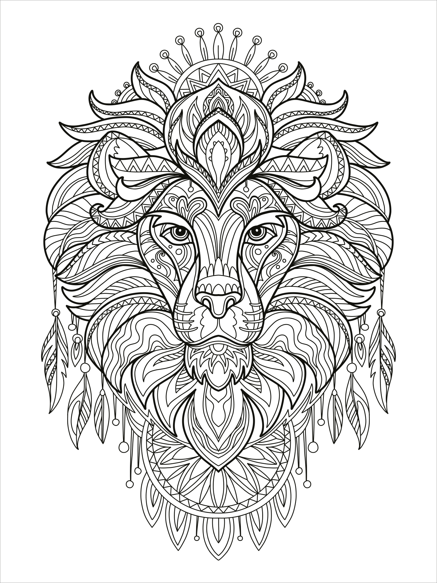 Gezeigt wird eine Innen- oder Zusatzansicht von „Mein Mandala-Tier-Malbuch – Magische Zaubertiere“. Die Darstellung zeigt einen detaillierten Löwenkopf, umrahmt von filigranen Mustern und Pflanzenmotiven. Die Linien sind klar und durchgehend, in Schwarz gehalten, was einen starken Kontrast zum weißen Hintergrund bildet. Die Komposition vermittelt eine harmonische und meditative Atmosphäre, ideal für kreatives Ausmalen und Entspannen.