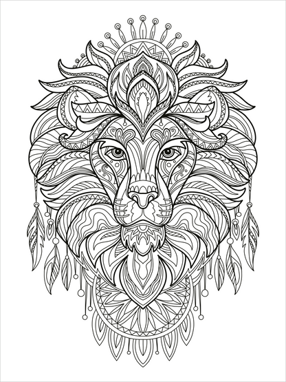 Gezeigt wird eine Innen- oder Zusatzansicht von „Mein Mandala-Tier-Malbuch – Magische Zaubertiere“. Die Darstellung zeigt einen detaillierten Löwenkopf, umrahmt von filigranen Mustern und Pflanzenmotiven. Die Linien sind klar und durchgehend, in Schwarz gehalten, was einen starken Kontrast zum weißen Hintergrund bildet. Die Komposition vermittelt eine harmonische und meditative Atmosphäre, ideal für kreatives Ausmalen und Entspannen.