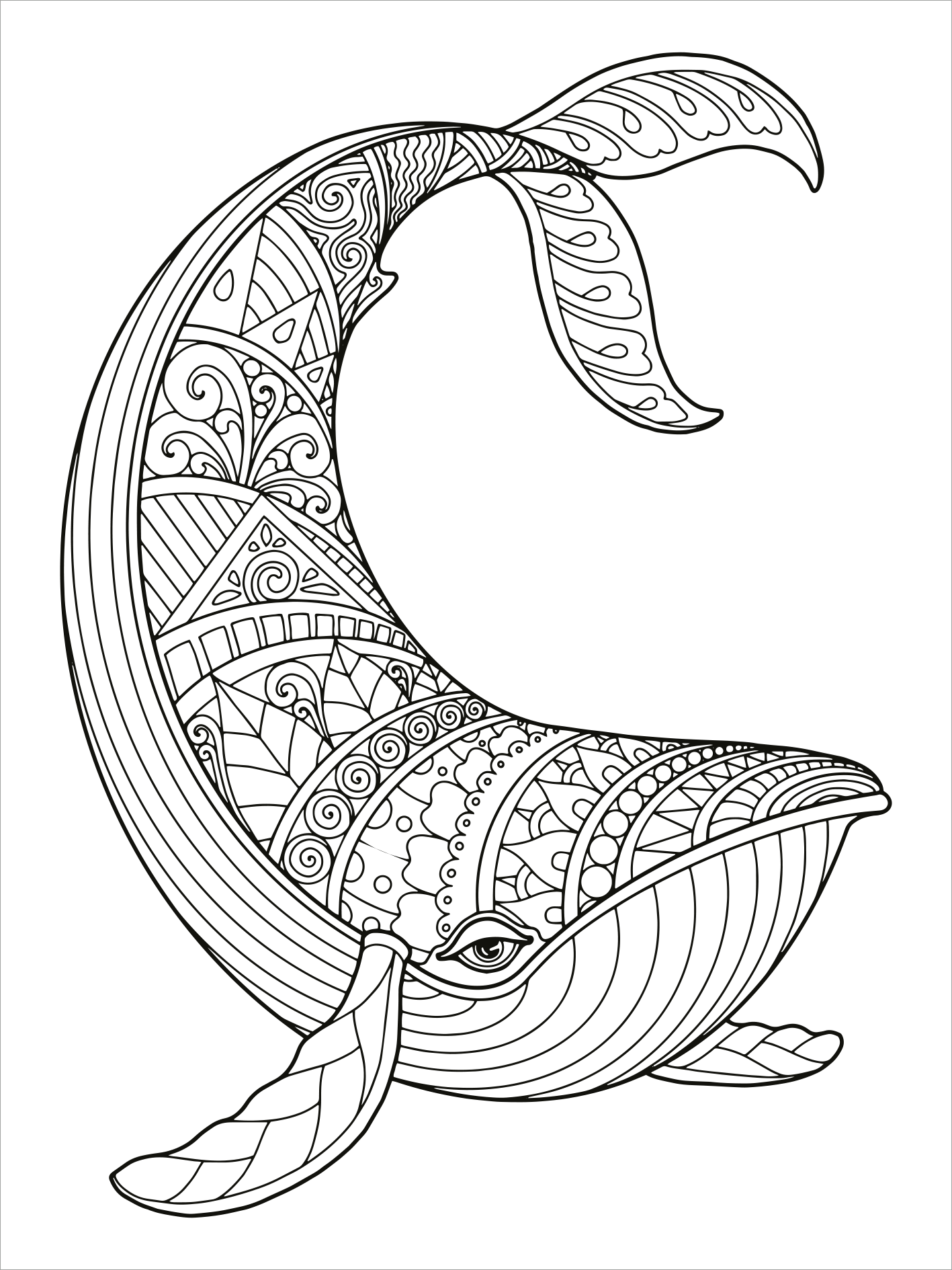 Gezeigt wird eine Innen- oder Zusatzansicht von „Mein Mandala-Tier-Malbuch – Unterwasserträume“. Das Bild zeigt einen detaillierten, ausgestellten Wal, der mit zahlreichen Mustern und geschwungenen Linien verziert ist. Die zarten und verspielten Motive in verschiedenen geometrischen Formen verleihen dem Wal Lebendigkeit. Die Verwendung von Schwarz-Weiß-Kontrasten ermöglicht eine einfache Ausmalung. Die Typografie im Titel ist klar und ansprechend, ergänzt durch maritime Elemente, die...