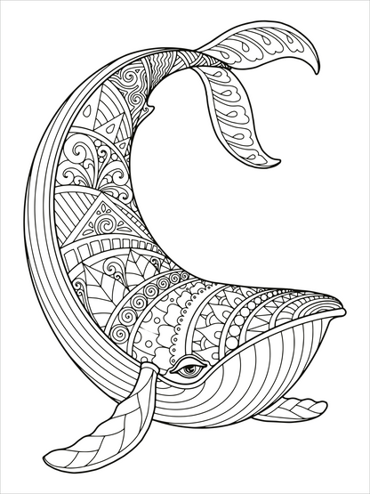 Gezeigt wird eine Innen- oder Zusatzansicht von „Mein Mandala-Tier-Malbuch – Unterwasserträume“. Das Bild zeigt einen detaillierten, ausgestellten Wal, der mit zahlreichen Mustern und geschwungenen Linien verziert ist. Die zarten und verspielten Motive in verschiedenen geometrischen Formen verleihen dem Wal Lebendigkeit. Die Verwendung von Schwarz-Weiß-Kontrasten ermöglicht eine einfache Ausmalung. Die Typografie im Titel ist klar und ansprechend, ergänzt durch maritime Elemente, die...