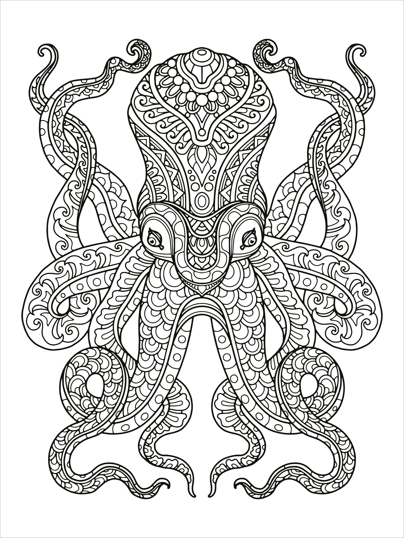 Gezeigt wird eine Innen- oder Zusatzansicht von „Mein Mandala-Tier-Malbuch – Unterwasserträume“. Die Abbildung zeigt einen detaillierten, spiralförmigen Tintenfisch mit kunstvollen Mustern und geschwungenen Tentakeln. Die Szenerie ist monochrom und bietet eine Vielzahl an Linien, die das Mandala-Design betonen. Die klaren, schwungvollen Kurven und geometrischen Elemente schaffen eine harmonische Komposition, die zum Ausmalen anregt. Die Typografie im Titel ist verspielt und...