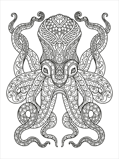 Gezeigt wird eine Innen- oder Zusatzansicht von „Mein Mandala-Tier-Malbuch – Unterwasserträume“. Die Abbildung zeigt einen detaillierten, spiralförmigen Tintenfisch mit kunstvollen Mustern und geschwungenen Tentakeln. Die Szenerie ist monochrom und bietet eine Vielzahl an Linien, die das Mandala-Design betonen. Die klaren, schwungvollen Kurven und geometrischen Elemente schaffen eine harmonische Komposition, die zum Ausmalen anregt. Die Typografie im Titel ist verspielt und...