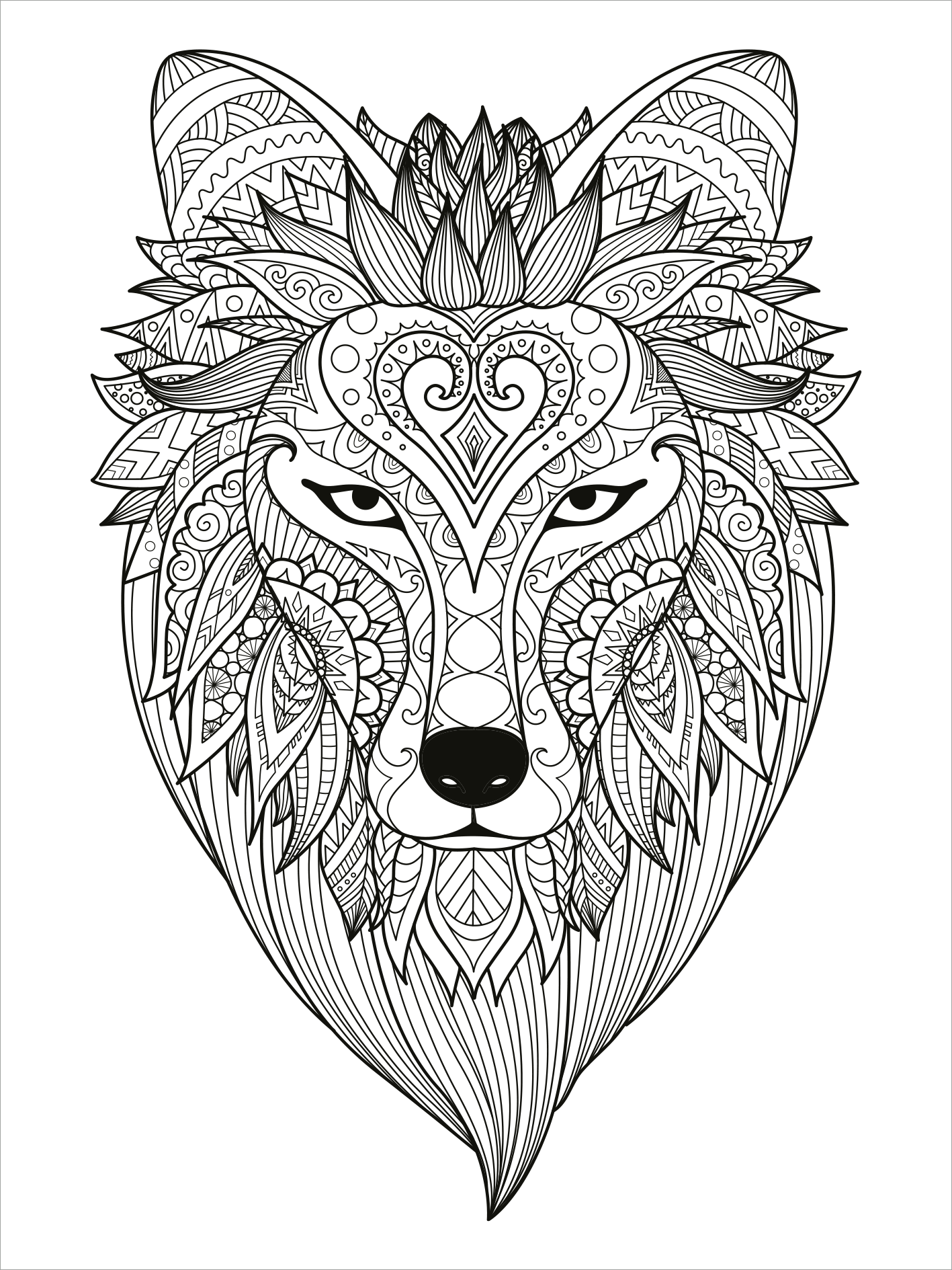 Gezeigt wird eine Innen- oder Zusatzansicht von „Mein Mandala-Tier-Malbuch – Wilde Tiere“. Die Abbildung zeigt den Kopf eines Wolfes, der reich verziert ist mit verschiedenen Mustern und floralen Elementen. Die Konturen sind klar und in Schwarz gehalten, während die Augen des Wolfes intensiv und ausdrucksstark wirken. Typografische Elemente sind nicht vorhanden, wodurch der Fokus auf den kunstvollen Details des Tiermotivs liegt.