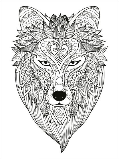 Gezeigt wird eine Innen- oder Zusatzansicht von „Mein Mandala-Tier-Malbuch – Wilde Tiere“. Die Abbildung zeigt den Kopf eines Wolfes, der reich verziert ist mit verschiedenen Mustern und floralen Elementen. Die Konturen sind klar und in Schwarz gehalten, während die Augen des Wolfes intensiv und ausdrucksstark wirken. Typografische Elemente sind nicht vorhanden, wodurch der Fokus auf den kunstvollen Details des Tiermotivs liegt.