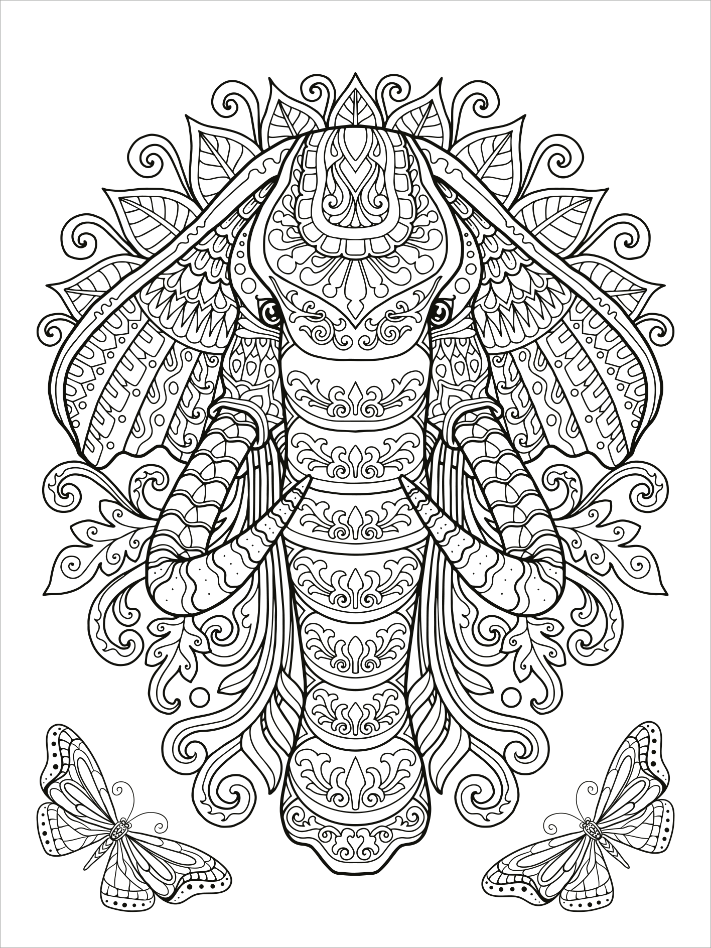 Gezeigt wird eine Innen- oder Zusatzansicht von „Mein Mandala-Tier-Malbuch – Wilde Tiere“. Die Darstellung zeigt einen kunstvoll entworfenen Elefanten mit detaillierten, geschwungenen Linien und floralen Motiven. Umgeben von zarten Schmetterlingen, strahlt das Bild eine harmonische und beruhigende Atmosphäre aus. Die grafikbetonte Schwarz-Weiß-Gestaltung ermöglicht individuelles Ausmalen und kreative Entfaltung. Die Typografie besteht aus klaren, modernen Schriftzügen, die harmonisch...