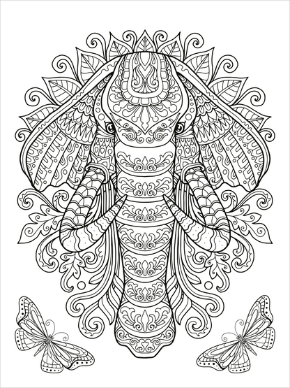 Gezeigt wird eine Innen- oder Zusatzansicht von „Mein Mandala-Tier-Malbuch – Wilde Tiere“. Die Darstellung zeigt einen kunstvoll entworfenen Elefanten mit detaillierten, geschwungenen Linien und floralen Motiven. Umgeben von zarten Schmetterlingen, strahlt das Bild eine harmonische und beruhigende Atmosphäre aus. Die grafikbetonte Schwarz-Weiß-Gestaltung ermöglicht individuelles Ausmalen und kreative Entfaltung. Die Typografie besteht aus klaren, modernen Schriftzügen, die harmonisch...