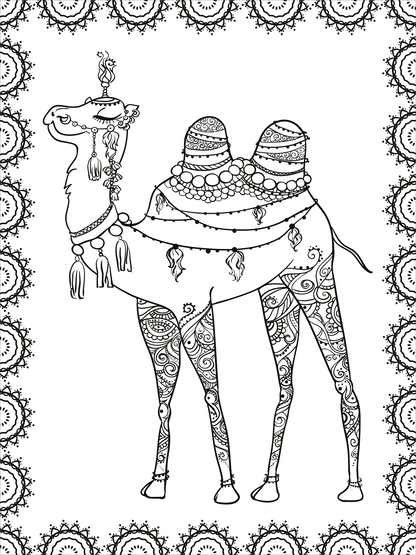Gezeigt wird eine Innen- oder Zusatzansicht von „Mein Mandala-Tier-Malbuch – Wilde Tiere“. Die Abbildung zeigt ein detailliertes, schwarz-weißes Bild eines Kamels, das reich verziert ist mit Mustern und Schmuck. Um das Kamel herum zieht sich ein eleganter, dekorativer Rahmen, der mit mandalaartigen Motiven gestaltet ist. Die Typografie ist klar und verspielt, ideal für kreative Entfaltung und Ausmalen. Die kontrastreiche Gestaltung lädt zur Gestaltung in bunten Farben ein.
