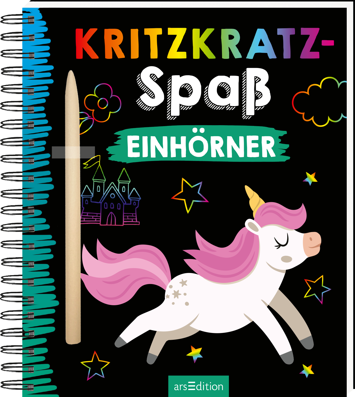 Das Buchcover zeigt einen farbenfrohen Titel „Kritzkratz-Spaß“ in bunten Buchstaben, gefolgt von „Einhörner“ in leuchtendem Grün. Ein verspieltes Einhorn mit pinker Mähne und goldenem Horn befindet ist im Vordergrund, links darüber ist die kleinere Silhouette eines Schlosses, umgeben von bunten Sternen. An der linken Seite steht ein großer Bleistift. Der Hintergrund ist tiefschwarz, wodurch die Farben lebhaft hervorstechen. Ganz unten mittig steht der Logoschriftzug von arsEdition.