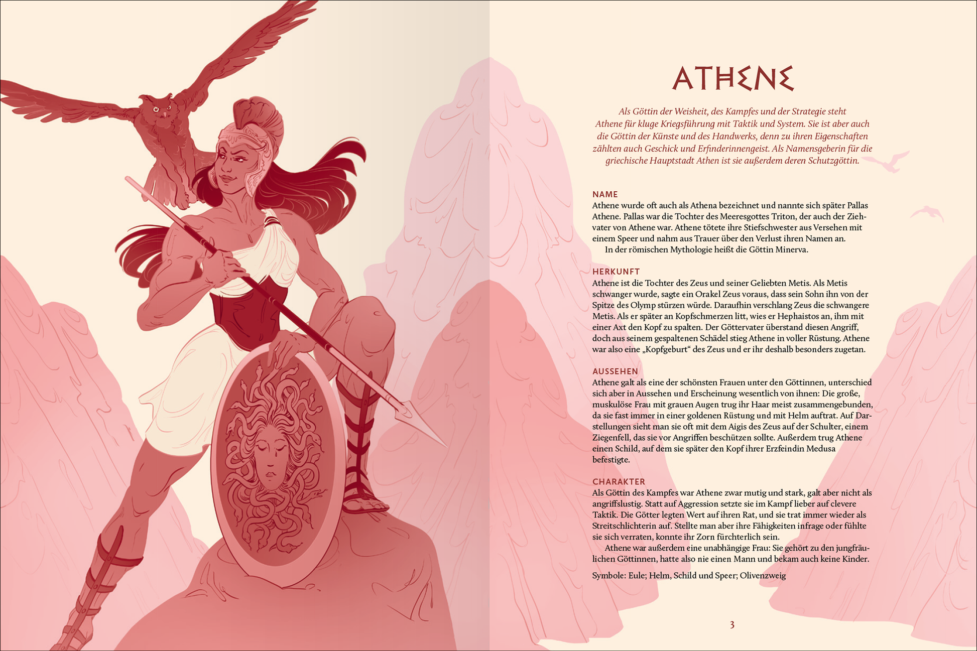 Gezeigt wird eine Innen- oder Zusatzansicht von „Göttliches Chaos zwischen Olymp und Hades“. Die Seite präsentiert die Figur Athene, die kraftvoll mit Schild und Speer posiert, umgeben von stilisierten, rosa-farbenen Bergen. Der Hintergrund ist in sanften Rosa- und Lilatönen gehalten, während der Text in klarer, eleganter Schriftart in klassischem Schwarz abgedruckt ist. Die Darstellung vermittelt Stärke und Weisheit, mit fein ausgearbeiteten Details in der Illustration.