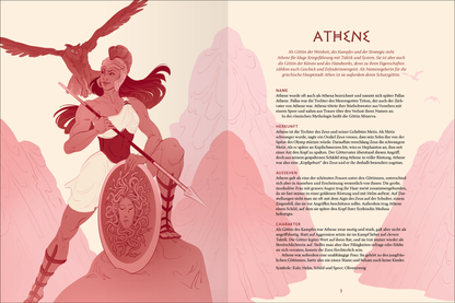 Gezeigt wird eine Innen- oder Zusatzansicht von „Göttliches Chaos zwischen Olymp und Hades“. Die Seite präsentiert die Figur Athene, die kraftvoll mit Schild und Speer posiert, umgeben von stilisierten, rosa-farbenen Bergen. Der Hintergrund ist in sanften Rosa- und Lilatönen gehalten, während der Text in klarer, eleganter Schriftart in klassischem Schwarz abgedruckt ist. Die Darstellung vermittelt Stärke und Weisheit, mit fein ausgearbeiteten Details in der Illustration.