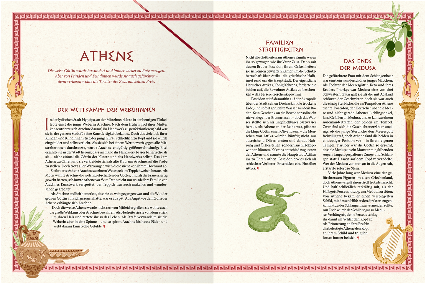 Gezeigt wird eine Innenansicht von „Göttliches Chaos zwischen Olymp und Hades“. Die Doppelseite präsentiert eine harmonische Farbpalette in sanften Erdtönen mit Akzenten in Gold und Grün. Der Titel „ATHENE“ ist in großer, eleganter, roter Schrift gehalten. Zwei Hauptabschnitte sind klar strukturiert mit ansprechender Typografie, die die leserliche Textgestaltung unterstützt. Illustrative Elemente wie Olivenzweige und eine Lyra fügen einen künstlerischen Kontrast hinzu und...