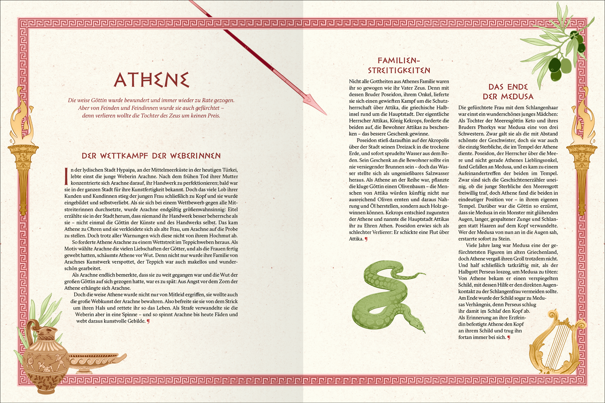 Gezeigt wird eine Innenansicht von „Göttliches Chaos zwischen Olymp und Hades“. Die Doppelseite präsentiert eine harmonische Farbpalette in sanften Erdtönen mit Akzenten in Gold und Grün. Der Titel „ATHENE“ ist in großer, eleganter, roter Schrift gehalten. Zwei Hauptabschnitte sind klar strukturiert mit ansprechender Typografie, die die leserliche Textgestaltung unterstützt. Illustrative Elemente wie Olivenzweige und eine Lyra fügen einen künstlerischen Kontrast hinzu und...