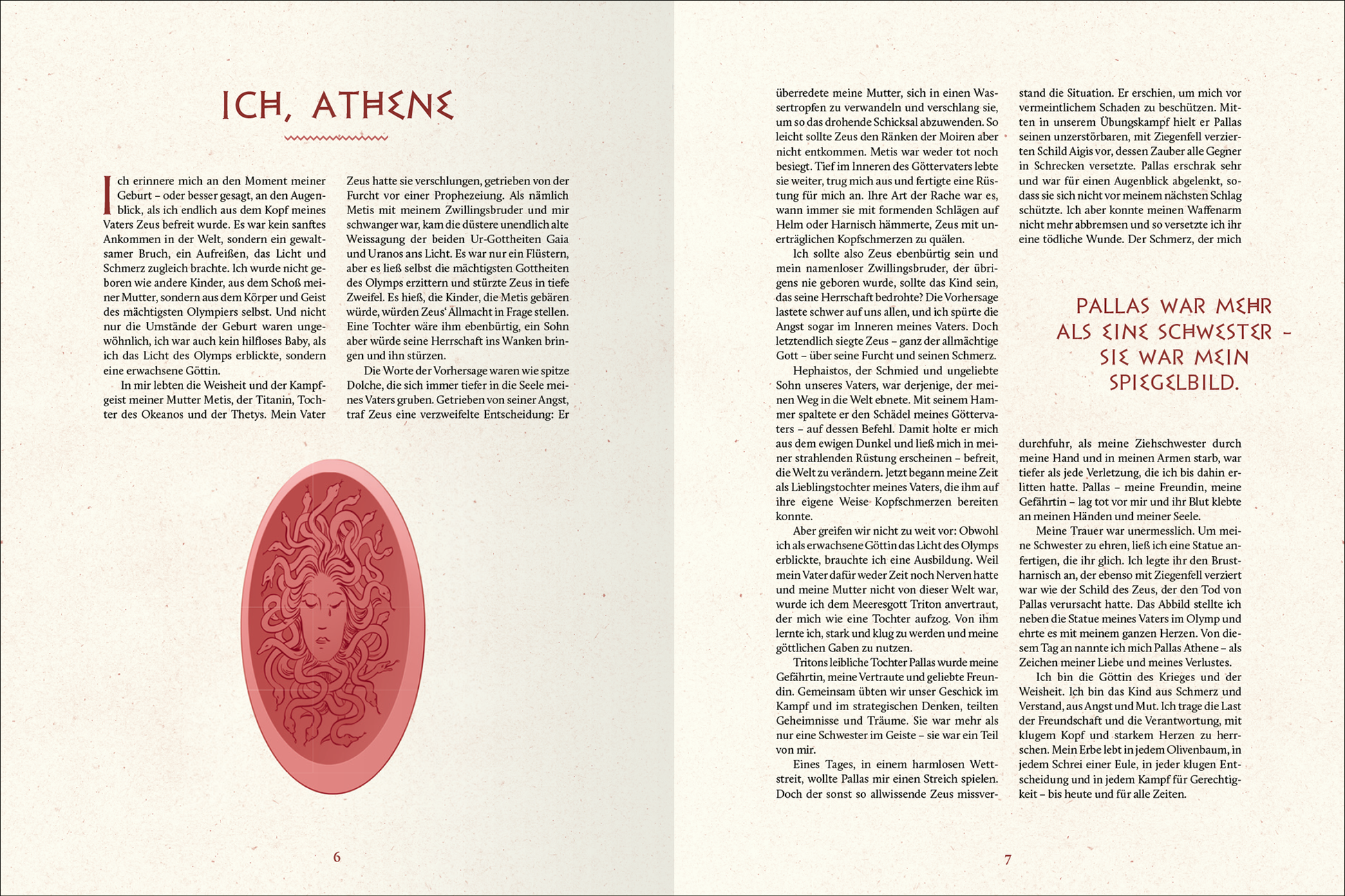 Gezeigt wird eine Innenansicht von „Göttliches Chaos zwischen​ Olymp und Hades“. Die Seiten enthalten einen cremefarbenen Hintergrund, der die Lesbarkeit unterstützt. Auf der linken Seite steht der Titel „ICH, ATHENE“ in einer eleganten, rotbraunen Schrift. Eine ovale Illustration mit dem Bildnis einer Frau in rötlichen Tönen ist gut sichtbar. Der Fließtext ist in einer gut lesbaren, serifenbetonten Schriftart gehalten, die den klassischen Stil des Buches unterstreicht.