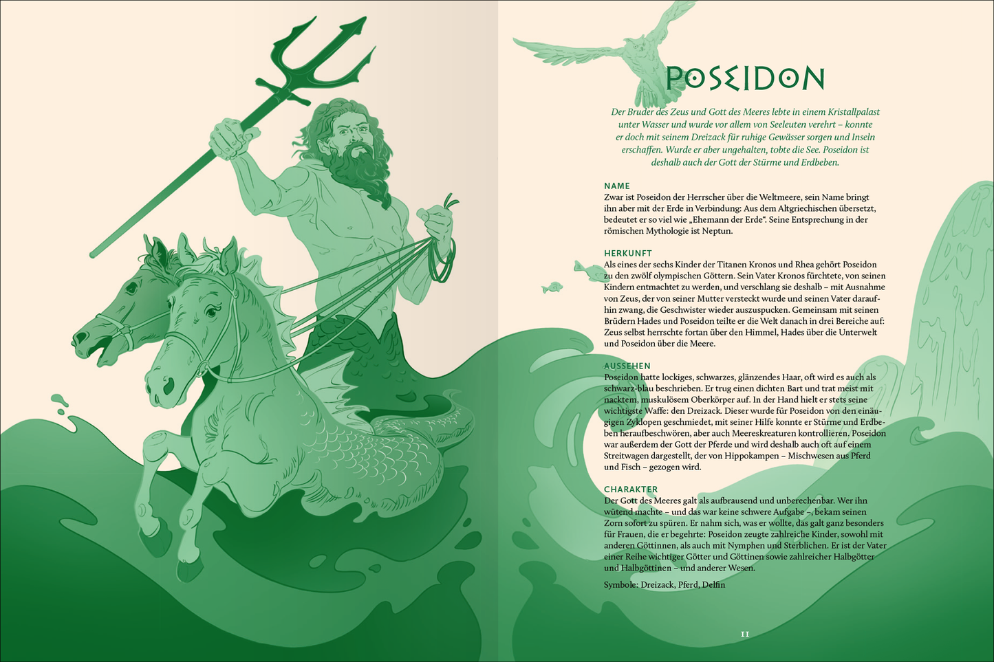 Gezeigt wird eine Innenansicht von „Göttliches Chaos zwischen​ Olymp und Hades“. Die Doppelseite zeigt Poseidon, den Gott des Meeres, in kräftigen Grüntönen. Er reitet auf einem Pferd, während die Wellen um ihn herum spritzen. Die Typografie ist klar und modern, mit dem Titel „POSEIDON“ prominent in großen Buchstaben. Der Hintergrund ist sanft und minimalistisch gestaltet, wodurch die zentrale Figur und ihre dynamische Pose hervorgehoben werden.