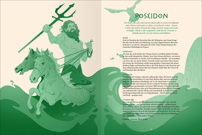 Gezeigt wird eine Innenansicht von „Göttliches Chaos zwischen​ Olymp und Hades“. Die Doppelseite zeigt Poseidon, den Gott des Meeres, in kräftigen Grüntönen. Er reitet auf einem Pferd, während die Wellen um ihn herum spritzen. Die Typografie ist klar und modern, mit dem Titel „POSEIDON“ prominent in großen Buchstaben. Der Hintergrund ist sanft und minimalistisch gestaltet, wodurch die zentrale Figur und ihre dynamische Pose hervorgehoben werden.