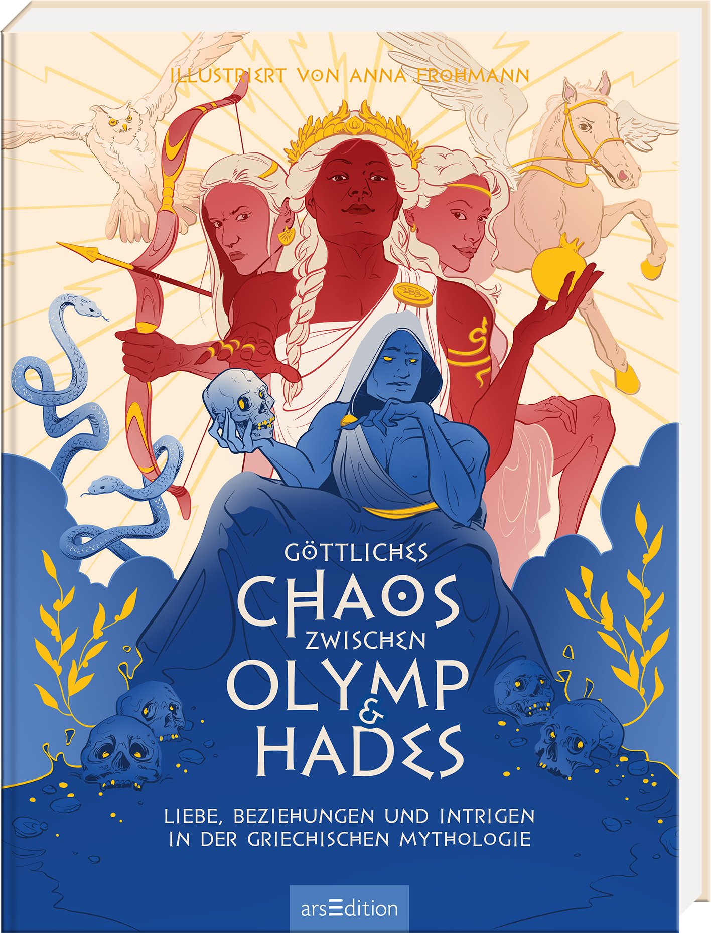 Auf dem Buchcover „Göttliches Chaos zwischen Olymp und Hades“, illustriert von Anna Erohmann, dominieren tiefblaue und goldene Farbtöne. Im Mittelpunkt stehen mythologische Figuren, darunter eine Göttin mit einer goldenen Krone sowie eine Figur in tiefblauer Robe. Diese Figuren sind umringt von Symbolen wie einem Pferd und Schlangenelementen, die die griechische Mythologie verkörpern. Oben rechts befindet sich ein „SPIEGEL-Bestseller“-Button. Ganz unten mittig steht der...