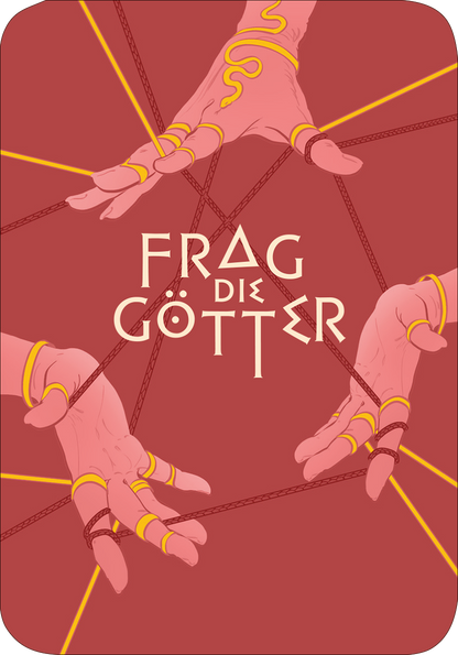 Gezeigt wird eine Innen- oder Zusatzansicht von „Frag die Götter“. Der Hintergrund ist in einem sanften Beige gehalten, umrahmt von einem grünen, geometrischen Muster. Die zentrale Überschrift „LASS LOS!“ ist in markanter, grüner Typografie gehalten und zieht sofort die Aufmerksamkeit auf sich. Darunter folgt der erläuternde Text in einer schlichten, schwarzen Schrift. Der gesamte Text vermittelt eine einladende Botschaft zur Befreiung von negativen Erfahrungen.