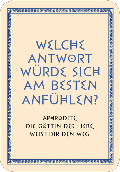 Gezeigt wird eine Innen- oder Zusatzansicht von „Frag die Götter“. Die Grafik zeigt mehrere Hände in sanften Rosa- und Beigetönen, die mit goldenen und gelben Ringen geschmückt sind. Sie sind verbunden durch feine, schwarze Linien, die ein Netz bilden. Im oberen Bereich befindet sich der Titel „Frag die Götter“ in einer auffälligen, geometrischen Typografie, die in Weiß und Gelb hervorsticht, auf einem kräftigen, warmen roten Hintergrund.