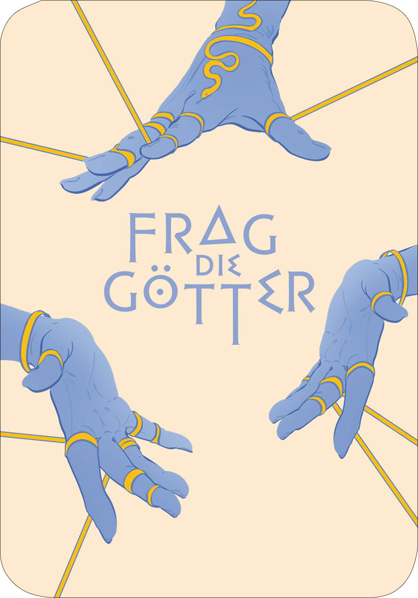 Gezeigt wird eine Innen- oder Zusatzansicht von „Frag die Götter“. Der Hintergrund ist in einem sanften Beige gehalten, umrahmt von einer dekorativen roten Rahmenlinie mit antikem Muster. Der Titel „HALTE EINEN MOMENT INNE.“ ist in einer markanten, roten Schriftart gestaltet, während der Text darunter in einer eleganten, schwarzen Typografie erscheint. Die Schriftarten verleihen der Ansicht einen klassischen, anmutigen Charakter, der zur Thematik des Werkes passt.