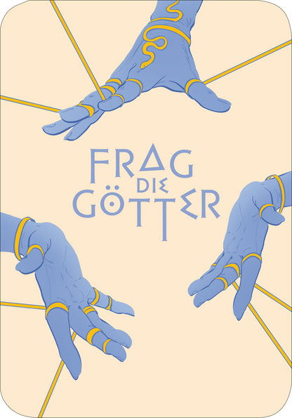 Gezeigt wird eine Innen- oder Zusatzansicht von „Frag die Götter“. Der Hintergrund ist in einem sanften Beige gehalten, umrahmt von einer dekorativen roten Rahmenlinie mit antikem Muster. Der Titel „HALTE EINEN MOMENT INNE.“ ist in einer markanten, roten Schriftart gestaltet, während der Text darunter in einer eleganten, schwarzen Typografie erscheint. Die Schriftarten verleihen der Ansicht einen klassischen, anmutigen Charakter, der zur Thematik des Werkes passt.