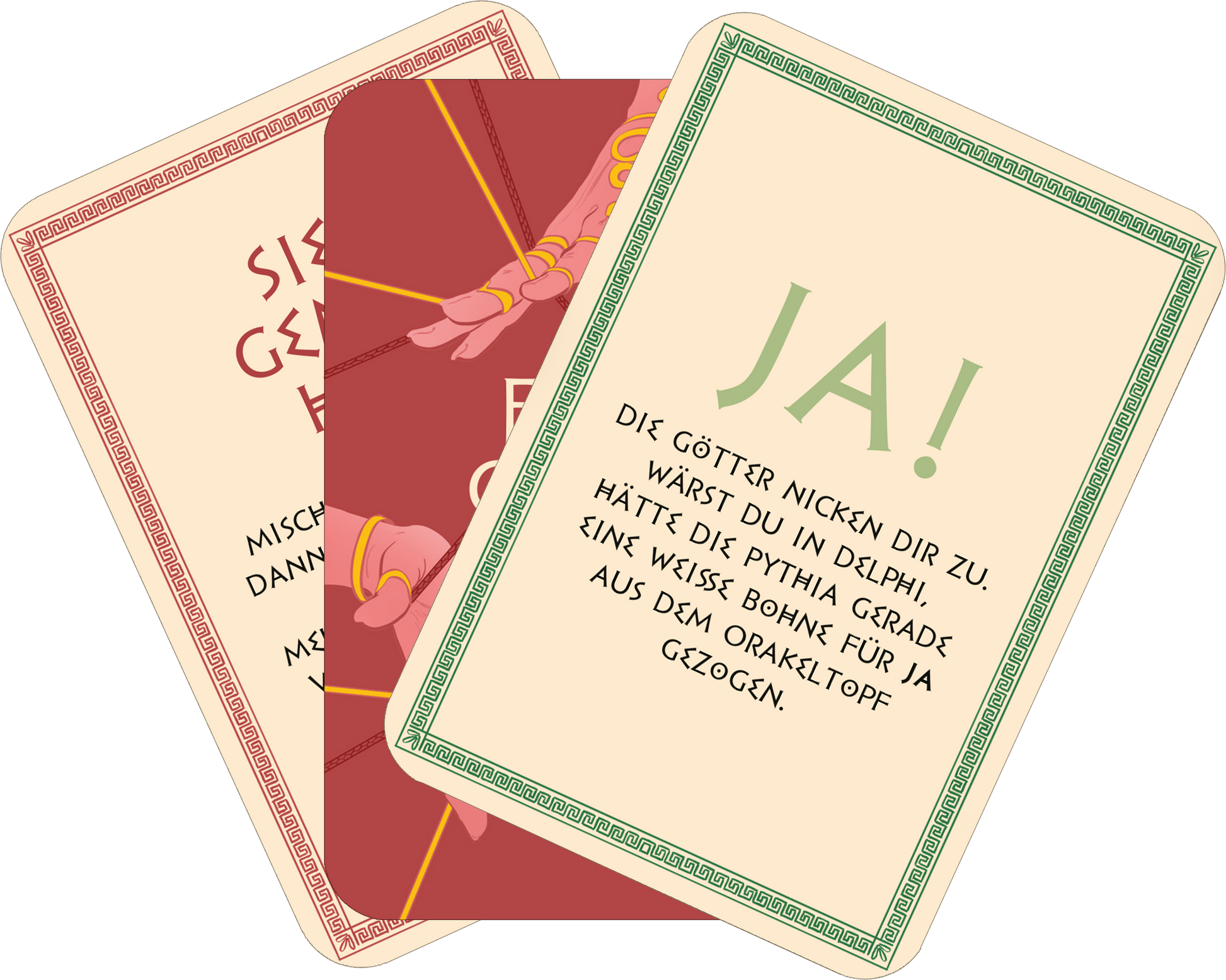 Gezeigt wird eine Innen- oder Zusatzansicht von „Frag die Götter“. Auf der Karte in der Mitte steht „JA!“ in grüner, verspielter Typografie auf hellem Hintergrund. Die anderen Karten zeigen Rottöne mit goldener Akzentuierung und einer eleganten, klassischen Schrift. Alle Karten sind mit einem dekorativen, grünen Rahmen verziert. Die Illustrationen und Farben vermitteln eine mystische Stimmung, die das Orakel-Thema unterstreicht.
