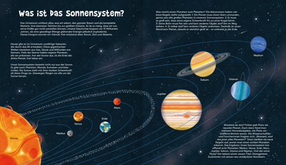 Gezeigt wird eine Innen- oder Zusatzansicht von „Science &amp; Kids – Unser Sonnensystem“. Die Illustration zeigt ein farbenfrohes, lehrreiches Diagramm des Sonnensystems mit der Sonne links, in leuchtendem Orange. Die Planeten sind in verschiedenen Farben dargestellt: Merkur (grau), Venus (gelb), Erde (blau), Mars (rot), Jupiter (orange-gestreift), Saturn (gelb-gestreift), Uranus (hellblau) und Neptun (dunkelblau). Die Typografie ist freundlich und kindgerecht, mit klaren, großen...