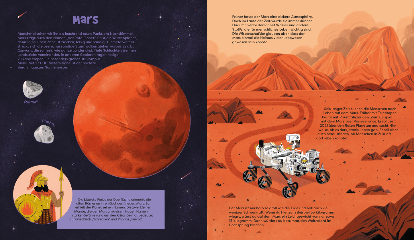 Gezeigt wird eine Innen- oder Zusatzansicht von „Science &amp; Kids – Unser Sonnensystem“. Die Seite präsentiert einen großflächigen Mars, dargestellt in leuchtenden Rottönen, umrahmt von einem dunklen, sternenübersäten Hintergrund. Auf der linken Seite befindet sich ein Bild von einem historischen Wissenschaftler, umgeben von symbolischen Elementen und kurzen Texten. Die rechte Seite zeigt einen Roboterfahrzeug auf der Marsoberfläche, umgeben von rot-orangefarbenen Felsen und...