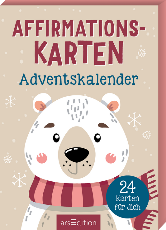 Das Cover zeigt einen lächelnden Bären mit einem gestreiften Schal vor einem hellen, beigefarbenen Hintergrund. In großen, dunkelroten Buchstaben steht der Titel „Affirmationskarten“ oben, während „Adventskalender“ in einer klaren blauen Schrift darunter platziert ist. Über der Bärenfigur sind stilisierte Schneeflocken abgebildet, die eine fröhliche, winterliche Atmosphäre schaffen. In der unteren rechten Ecke befindet sich ein blauer Kreis mit der Aufschrift „24 Karten für...