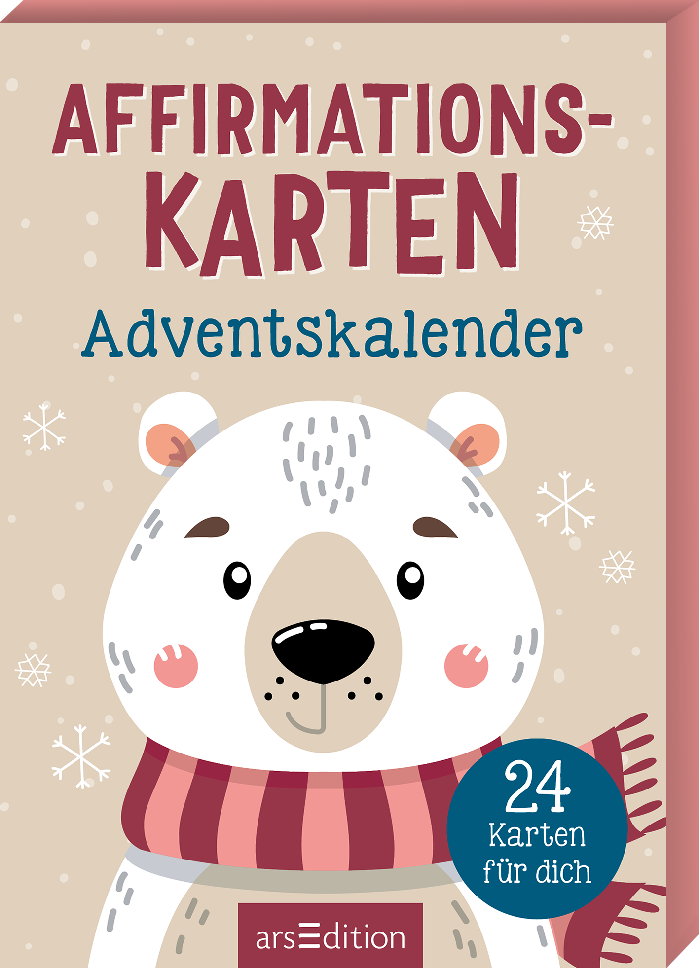 Das Cover zeigt einen lächelnden Bären mit einem gestreiften Schal vor einem hellen, beigefarbenen Hintergrund. In großen, dunkelroten Buchstaben steht der Titel „Affirmationskarten“ oben, während „Adventskalender“ in einer klaren blauen Schrift darunter platziert ist. Über der Bärenfigur sind stilisierte Schneeflocken abgebildet, die eine fröhliche, winterliche Atmosphäre schaffen. In der unteren rechten Ecke befindet sich ein blauer Kreis mit der Aufschrift „24 Karten für...