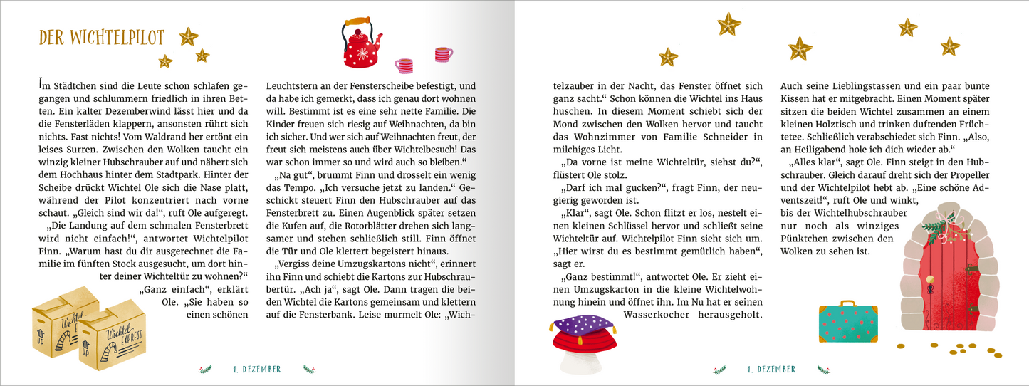 Gezeigt wird eine Innen- oder Zusatzansicht von „Wichtel willkommen – 24 Vorlesegeschichten“. Die Seiten sind kreativ gestaltet mit sanften Pastellfarben und goldenen Sternen, die eine festliche Atmosphäre schaffen. Der Text ist in einer gut lesbaren Schriftart, die größere Buchstaben verwendet, um verschiedenen Altersgruppen gerecht zu werden. Illustrationen von Geschenken und Wichteln ergänzen die Erzählungen und schaffen ein einladendes, kinderfreundliches Layout.