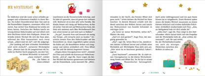 Gezeigt wird eine Innen- oder Zusatzansicht von „Wichtel willkommen – 24 Vorlesegeschichten“. Die Seiten sind kreativ gestaltet mit sanften Pastellfarben und goldenen Sternen, die eine festliche Atmosphäre schaffen. Der Text ist in einer gut lesbaren Schriftart, die größere Buchstaben verwendet, um verschiedenen Altersgruppen gerecht zu werden. Illustrationen von Geschenken und Wichteln ergänzen die Erzählungen und schaffen ein einladendes, kinderfreundliches Layout.