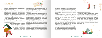 Gezeigt wird eine Innen- oder Zusatzansicht von „Wichtel willkommen – 24 Vorlesegeschichten“. Die Doppelseite zeigt eine festliche Illustration mit einem fröhlichen Wichtel und farbenfrohen Elementen wie Sternen und Geschenken. Die Farbpalette umfasst sanfte Pastelltöne und warme Farben, die eine gemütliche Atmosphäre erzeugen. Die Typografie ist verspielt und gut lesbar, wobei der Titel „Traumstaub“ in einer eleganten Schrift hervorsticht. Auf der linken Seite sind kurze...