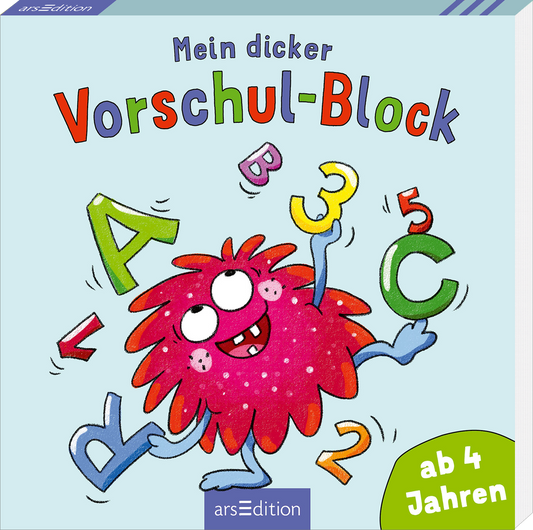 Das Cover zeigt einen freundlichen, roten, kugeligen Charakter mit großen Augen und einem breiten Lächeln, der fröhlich Buchstaben und Zahlen hält. Der Hintergrund ist in einem hellen Blau gehalten. Der Titel „Mein dicker Vorschul-Block“ ist in bunten Lettern gestaltet, wobei die Schriftart verspielt wirkt. In der rechten unteren Ecke befindet sich der Hinweis „ab 4 Jahren“ in einem grünen Kästchen. Ganz unten mittig steht der Logoschriftzug von arsEdition.