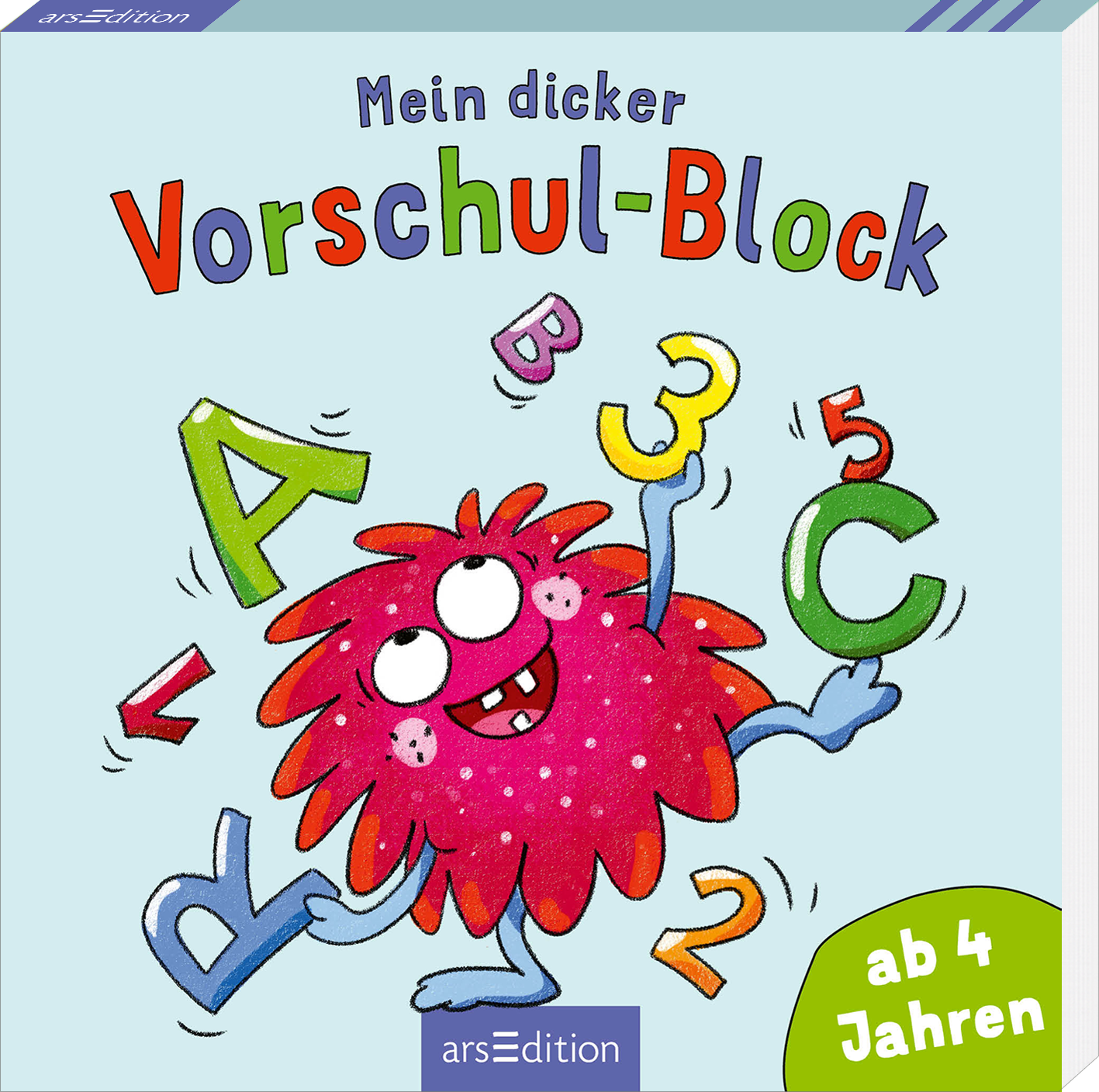 Das Cover zeigt einen freundlichen, roten, kugeligen Charakter mit großen Augen und einem breiten Lächeln, der fröhlich Buchstaben und Zahlen hält. Der Hintergrund ist in einem hellen Blau gehalten. Der Titel „Mein dicker Vorschul-Block“ ist in bunten Lettern gestaltet, wobei die Schriftart verspielt wirkt. In der rechten unteren Ecke befindet sich der Hinweis „ab 4 Jahren“ in einem grünen Kästchen. Ganz unten mittig steht der Logoschriftzug von arsEdition.