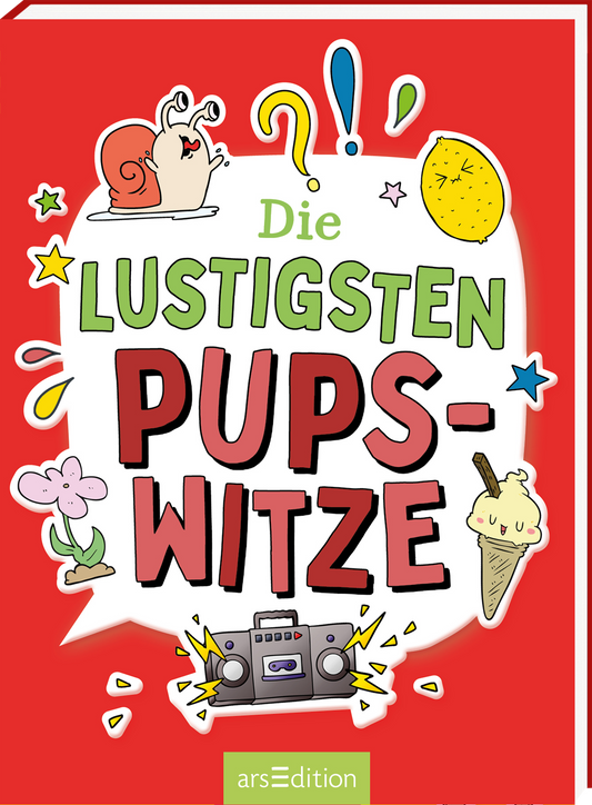 Das Buchcover hat einen roten Hintergrund und zeigt einen bunten, handgezeichneten Stil. Zentral steht der Titel „Die lustigsten PUPS-WITZE“ in großen, verspielten Buchstaben, wobei das Wort „PUPS“ besonders hervorgehoben ist. Um den Titel herum sind verschiedene lustige Illustrationen, darunter ein Schnecke, eine Zitrone, ein Eis und eine Blume. Über dem Titel schweben grafische Elemente wie Sprechblasen und Sterne, die die fröhliche Atmosphäre unterstreichen. Ganz unten mittig...