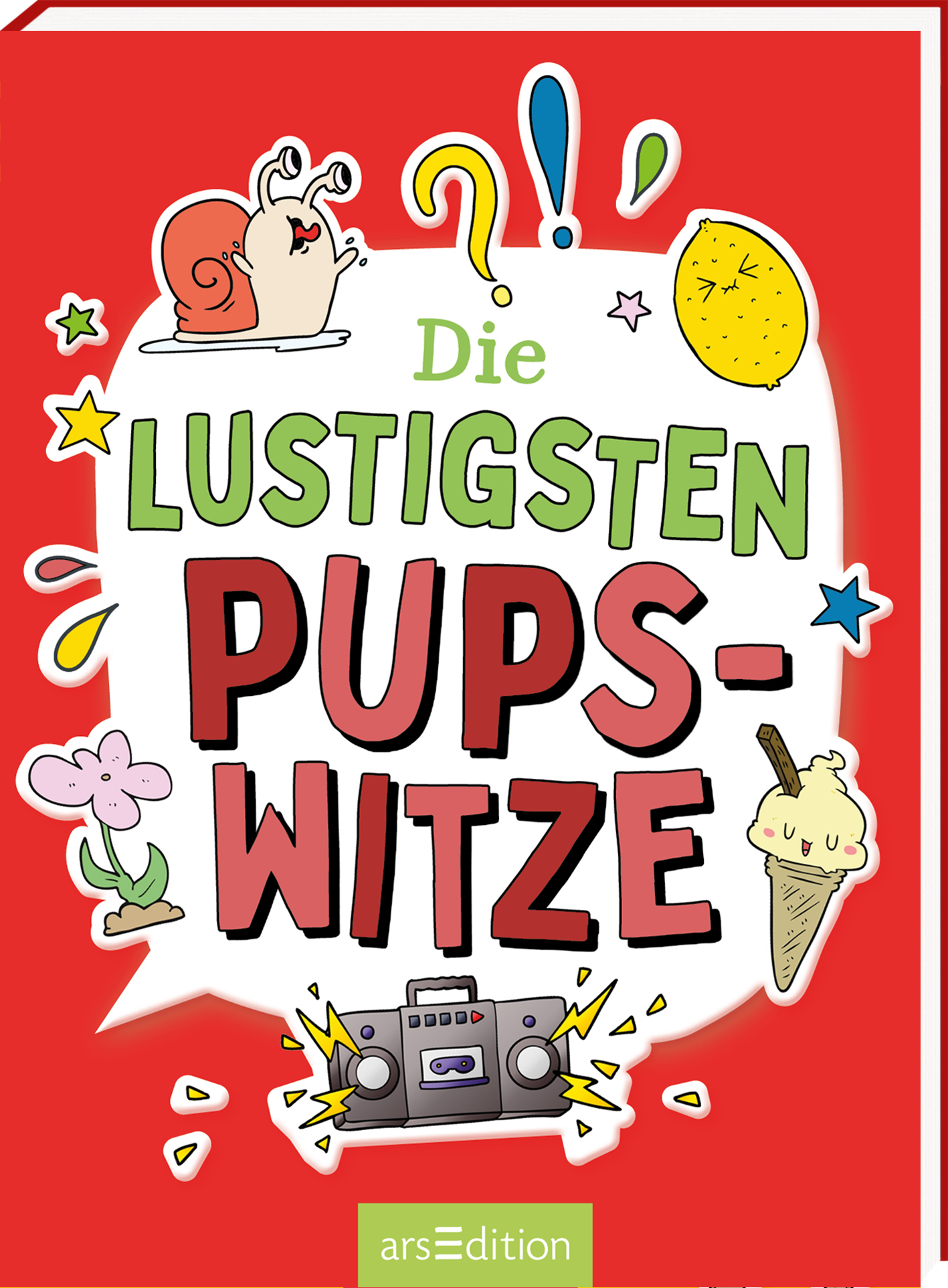 Das Buchcover hat einen roten Hintergrund und zeigt einen bunten, handgezeichneten Stil. Zentral steht der Titel „Die lustigsten PUPS-WITZE“ in großen, verspielten Buchstaben, wobei das Wort „PUPS“ besonders hervorgehoben ist. Um den Titel herum sind verschiedene lustige Illustrationen, darunter ein Schnecke, eine Zitrone, ein Eis und eine Blume. Über dem Titel schweben grafische Elemente wie Sprechblasen und Sterne, die die fröhliche Atmosphäre unterstreichen. Ganz unten mittig...