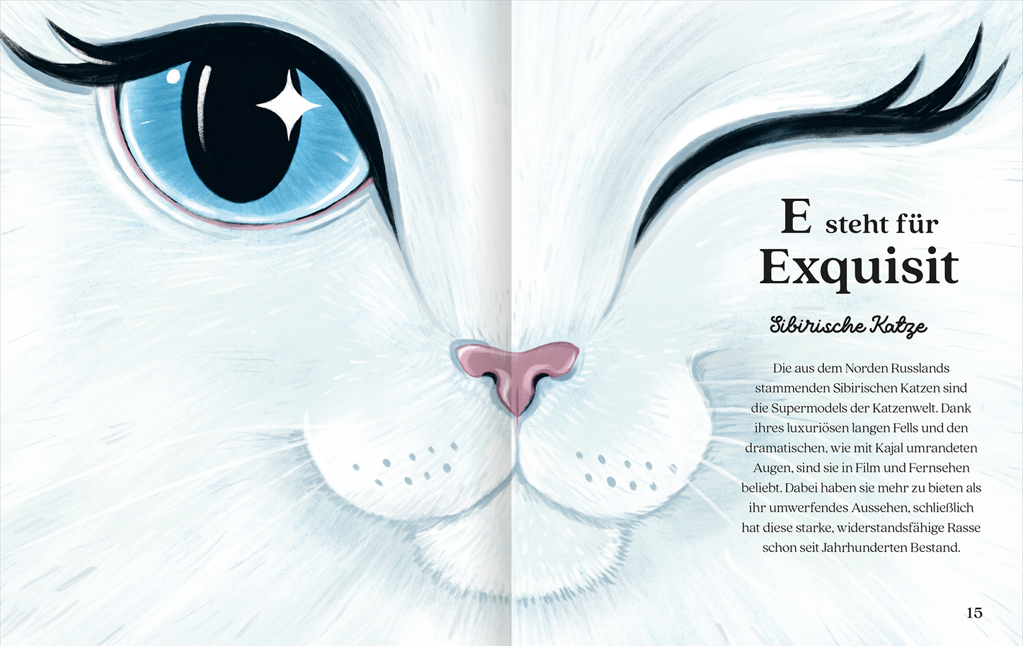 Gezeigt wird eine Innen- oder Zusatzansicht von „Katzenalphabet“. Die Seite zeigt das detailreiche Gesicht einer weißen Katze mit großen, strahlend blauen Augen und einem sanften, rosa Nasenbereich. Die Typografie des Textes beginnt mit dem großen, klaren Buchstaben „E“ für „Exquisit“, der in dunklem Farbton gehalten ist. Der Hintergrund ist hell und schlicht, was die Illustration und den Text hervorhebt. Sanfte Linien und Farben unterstreichen das elegante Erscheinungsbild.