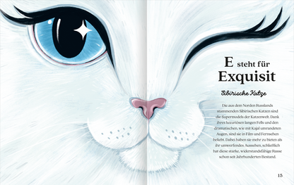 Gezeigt wird eine Innen- oder Zusatzansicht von „Katzenalphabet“. Die Seite zeigt das detailreiche Gesicht einer weißen Katze mit großen, strahlend blauen Augen und einem sanften, rosa Nasenbereich. Die Typografie des Textes beginnt mit dem großen, klaren Buchstaben „E“ für „Exquisit“, der in dunklem Farbton gehalten ist. Der Hintergrund ist hell und schlicht, was die Illustration und den Text hervorhebt. Sanfte Linien und Farben unterstreichen das elegante Erscheinungsbild.