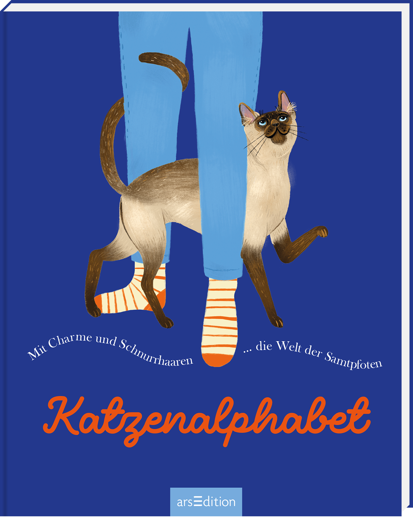 Das Buchcover zeigt eine farbenfrohe Illustration mit einem blauen Hintergrund. Darauf stehen eine Person mit blauen Hosen und gestreiften Socken sowie eine Katzenfigur in einem humorvollen Stil. Der Titel „Katzenalphabet“ ist in einer verspielten, orangefarbenen Schriftart mittig platziert. Darüber steht der Satz „Mit Charme und Schurrhaaren ... die Welt der Samtpfoten“ in einer eleganten Schrift. Ganz unten mittig steht der Logoschriftzug von arsEdition.