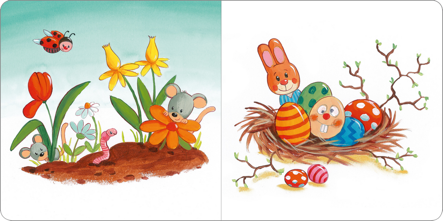 Gezeigt wird eine Innen- oder Zusatzansicht von „Mein kleines Buch vom Frühling“. Auf der linken Seite sind bunte Blumen, darunter eine orangefarbene Blume mit einem lachenden Maulwurf und anderen Tieren wie einem Käfer und einem Wurm, vor einem hellblauen Hintergrund dargestellt. Die rechte Seite zeigt ein Nest mit bemalten Eiern und freundlichen Hasenfiguren. Die Illustrationen sind in lebhaften Farben gehalten, mit einer verspielten und kindgerechten Typografie.